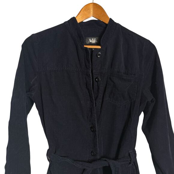 A.P.C. Justine Navy Corduroy Straight Leg Belted Long Sleeve Jumpsuit Size 2 - Picture 8 of 16